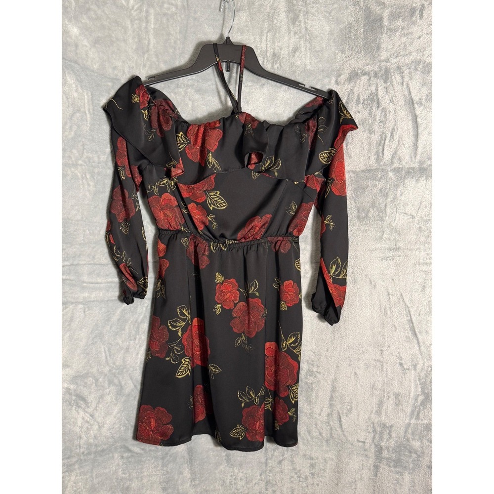 Cupcakes and Cashmere Black Red Rose Floral Halter Off Shoulder Mini Dress S NEW